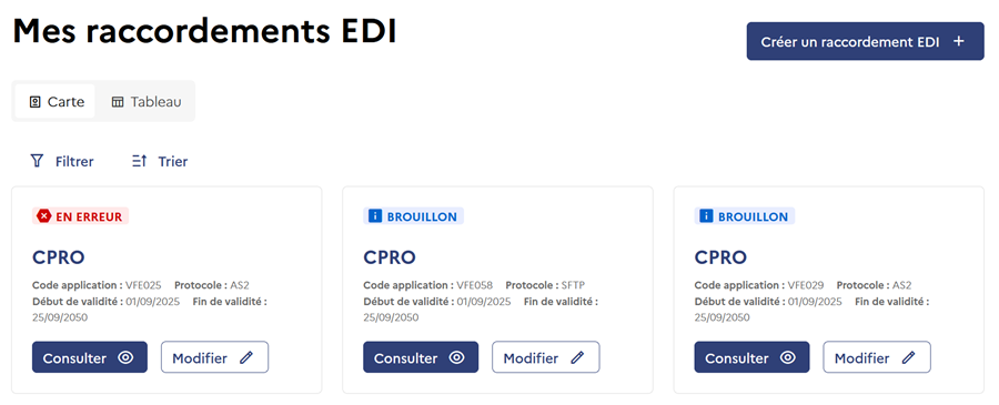 Vue du tableau de bord Mes Raccordements EDI