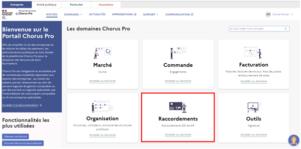 Cliquer sur la tuile Raccordement pour accéder aux fonctionnalités de raccordement